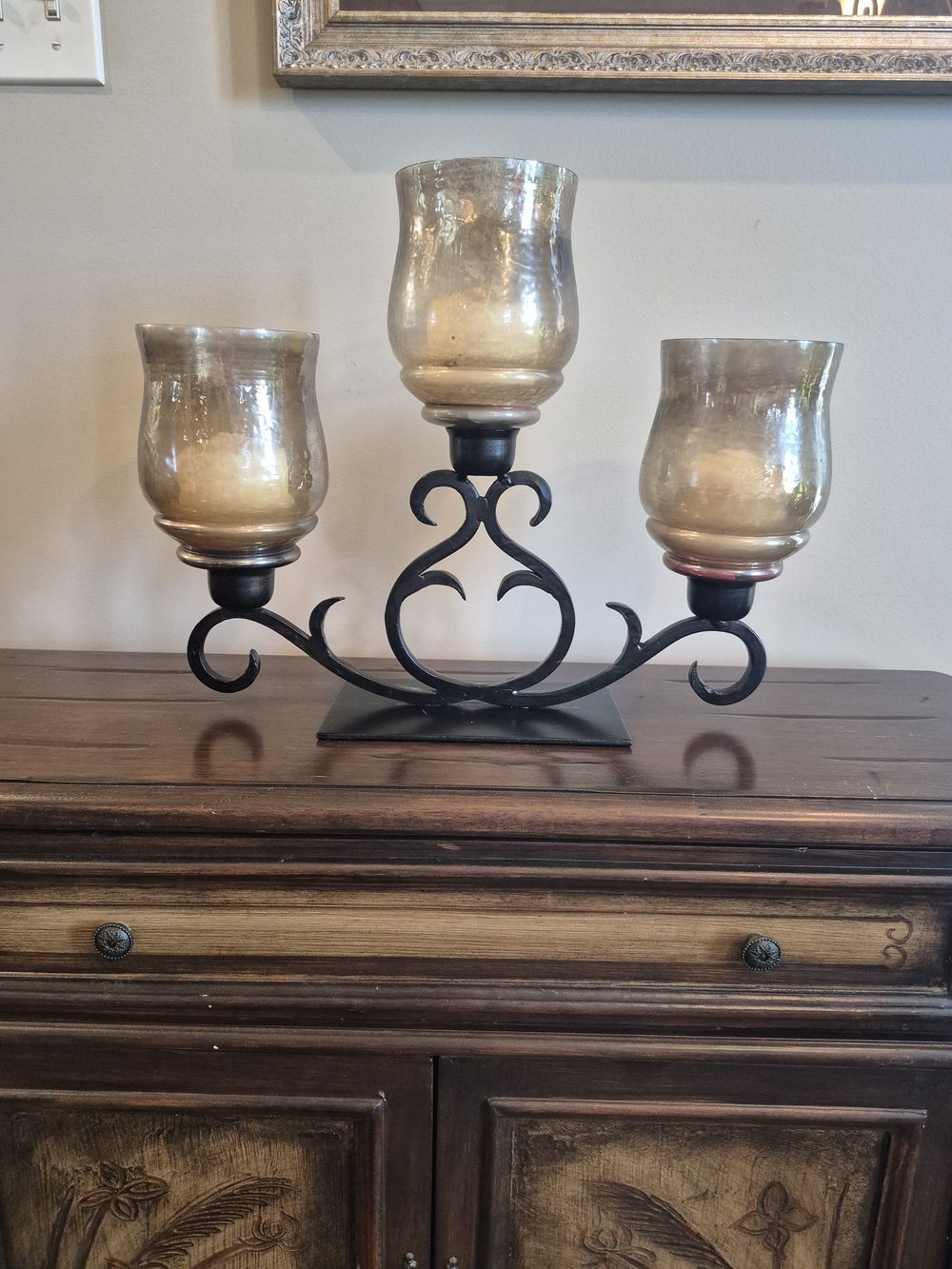 Hobby Lobby Black Metal Triple Candle Centerpiece with Gold-Tinted Glass